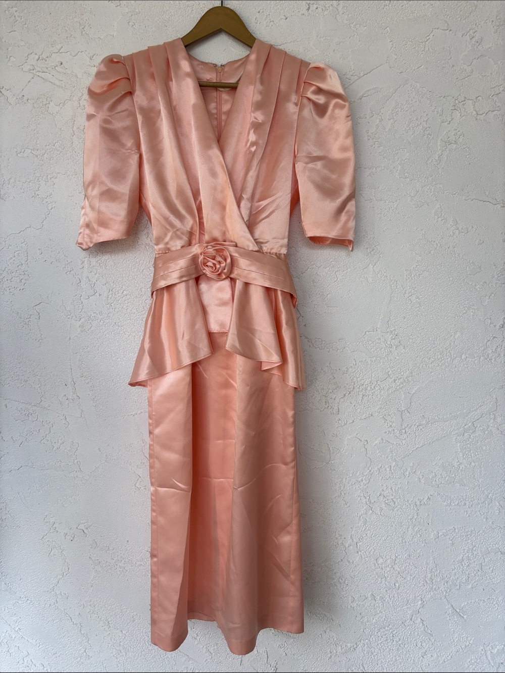 Vintage Peach Satin Dress with Floral Waist Detail